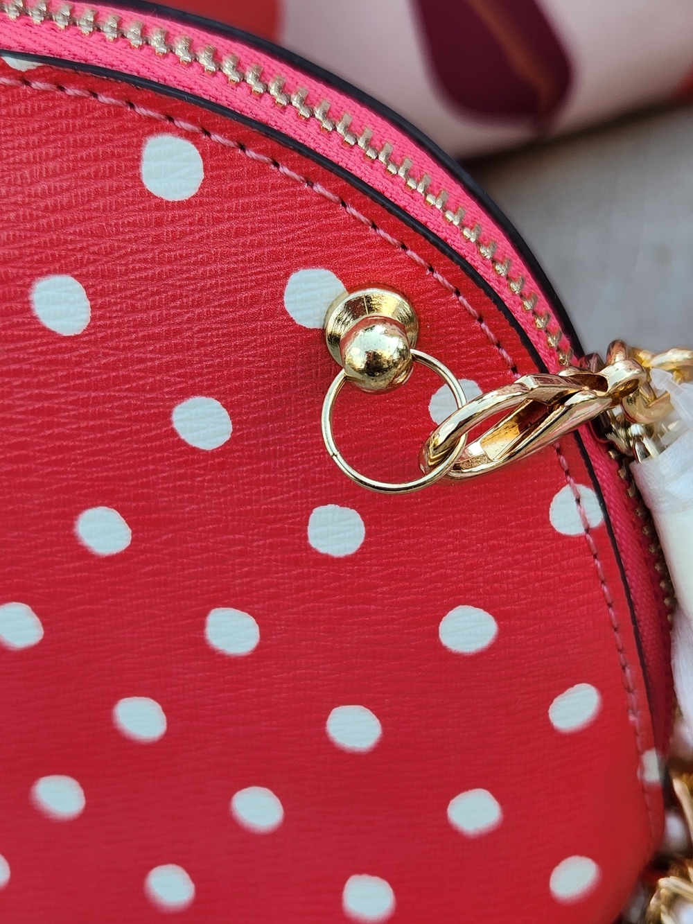 Kate Spade Coral & White Polka Dot Cosmetic Bag Upcycled Crossbody w. Chain NWT - Picture 5 of 16